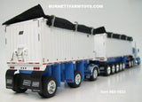 Item #60-1633 Wisteria Blue White Kenworth W900L Day Cab with White Sided Black Tarp Wisteria Blue Frame East Genesis II 31-foot and 20-foot Michigan Train End Dump Trailers - 1/64 Scale – DCP by First Gear