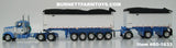 Item #60-1633 Wisteria Blue White Kenworth W900L Day Cab with White Sided Black Tarp Wisteria Blue Frame East Genesis II 31-foot and 20-foot Michigan Train End Dump Trailers - 1/64 Scale – DCP by First Gear