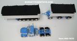 Item #60-1633 Wisteria Blue White Kenworth W900L Day Cab with White Sided Black Tarp Wisteria Blue Frame East Genesis II 31-foot and 20-foot Michigan Train End Dump Trailers - 1/64 Scale – DCP by First Gear