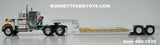 Item #60-1639 White Burgundy Yellow Stripe White Western Star 4900 with Chrome Vintage 36-inch Sleeper and White Tandem Axle Rogers Vintage Lowboy Trailer with Detachable Neck - 1/64 Scale – DCP by First Gear