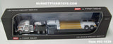 Item #60-1639 White Burgundy Yellow Stripe White Western Star 4900 with Chrome Vintage 36-inch Sleeper and White Tandem Axle Rogers Vintage Lowboy Trailer with Detachable Neck - 1/64 Scale – DCP by First Gear