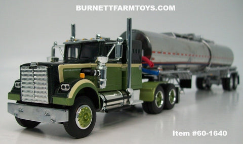 Item #60-1640 Dark Green Olive Green Tan Stripe White Western Star 4900 with Vintage 36-inch Sleeper and Polished Tandem Axle Brenner Chemical Tanker Trailer - 1/64 Scale – DCP by First Gear