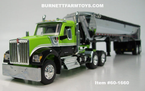 Item #60-1660 Lime Green Black White Stripe Kenworth W990 Day Cab with Chrome Sided Black Tarp Black Frame Tandem Axle MAC Half Round Dump Trailer - 1/64 Scale – DCP by First Gear