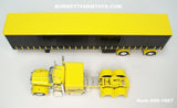 Item #60-1667 Yellow Black Peterbilt 379 63-inch Flattop Sleeper with Black Sided Yellow Roof Black Frame Chrome End Caps Spread Axle Utility 53-foot Tautliner Flatbed Trailer - 1/64 Scale – DCP by First Gear