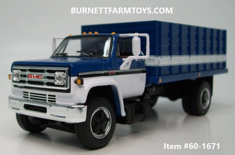 Item #60-1671 Blue White Black Outline GMC 6500 Single Axle Grain Truck with Blue White Stripe Sided Blue Frame Bed - 1/64 Scale - DCP by First Gear