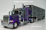 Item #60-1677 Purple Gun Metal Gray Peterbilt 389 63-inch Mid Roof Sleeper with Gun Metal Gray Sided Black Roof Black Frame Spread Axle Wilson Silver Star Livestock Trailer - 1/64 Scale - DCP by First Gear