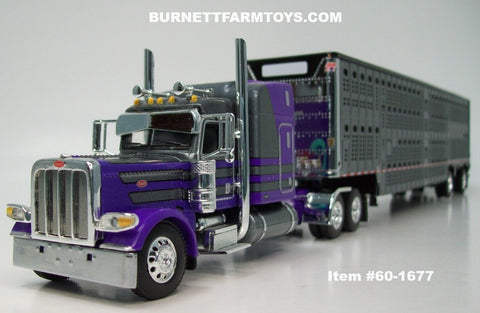 Item #60-1677 Purple Gun Metal Gray Peterbilt 389 63-inch Mid Roof Sleeper with Gun Metal Gray Sided Black Roof Black Frame Spread Axle Wilson Silver Star Livestock Trailer - 1/64 Scale - DCP by First Gear