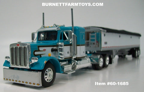 Item #60-1685 Turquoise White Black Stripe Gold Outline Peterbilt 359 36-inch Flattop Sleeper with White Sided Black Tarp Silver Frame Tandem Axle Wilson Pacesetter Hopper Bottom Grain Trailer - 1/64 Scale – DCP by First Gear