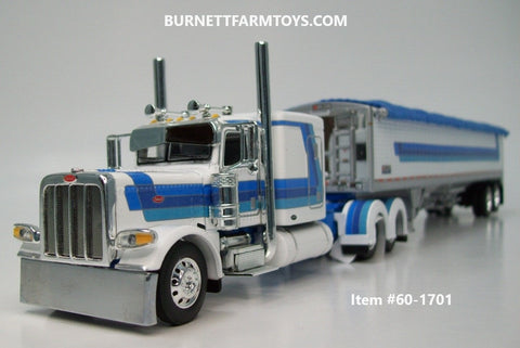 Item #60-1701 White Blue Silver Outline Peterbilt 389 63-inch Flattop Sleeper with White Blue Stripe High Sided Blue Tarp Silver Frame Tandem Axle Wilson 43-foot Pacesetter Hopper Bottom Grain Trailer - 1/64 Scale - DCP by First Gear