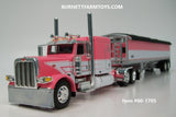 Item #60-1705 Pink White Peterbilt 389 63-inch Flattop Sleeper with Pink White High Sided Black Tarp Silver Frame Tandem Axle Wilson 43-foot Pacesetter Hopper Bottom Grain Trailer - 1/64 Scale - DCP by First Gear