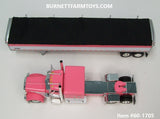 Item #60-1705 Pink White Peterbilt 389 63-inch Flattop Sleeper with Pink White High Sided Black Tarp Silver Frame Tandem Axle Wilson 43-foot Pacesetter Hopper Bottom Grain Trailer - 1/64 Scale - DCP by First Gear