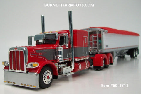 Item #60-1711 Red Gun Metal Gray Silver Outline Peterbilt 389 63-inch Flattop Sleeper with White High Sided Red Tarp Silver Frame Tandem Axle Wilson 43-foot Pacesetter Hopper Bottom Grain Trailer - 1/64 Scale - DCP by First Gear