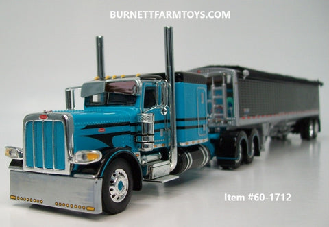 Item #60-1712 Turquoise Black Peterbilt 389 63-inch Flattop Sleeper with Black High Sided Black Tarp Silver Frame Tandem Axle Wilson 43-foot Pacesetter Hopper Bottom Grain Trailer - 1/64 Scale - DCP by First Gear