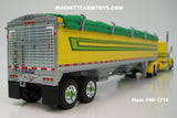 Item #60-1714 Yellow Green Lime Green Peterbilt 389 63-inch Flattop Sleeper with Yellow Green Stripe High Sided Green Tarp Silver Frame Tandem Axle Wilson 43-foot Pacesetter Hopper Bottom Grain Trailer - 1/64 Scale - DCP by First Gear