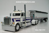 Item #60-1717 White Purple Peterbilt 389 63-inch Flattop Sleeper with White High Sided Black Tarp Silver Frame Tandem Axle Wilson 43-foot Pacesetter Hopper Bottom Grain Trailer - 1/64 Scale - DCP by First Gear