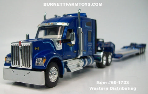 Item #60-1723 Western Distributing Blue Kenworth W990 76-inch Mid Roof Sleeper with Blue Tri-Axle Fontaine Magnitude Lowboy Trailer with Flip Axle - 1/64 Scale – DCP by First Gear