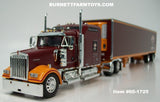Item #60-1725 Dawes Contract Carriage Burgundy Orange Kenworth W900L 86-inch AeroCab Studio Sleeper with Matching Spread Axle Utility Ribbed Sided Thermo King Refrigerated Trailer - 1/64 Scale – DCP by First Gear