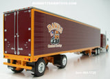 Item #60-1725 Dawes Contract Carriage Burgundy Orange Kenworth W900L 86-inch AeroCab Studio Sleeper with Matching Spread Axle Utility Ribbed Sided Thermo King Refrigerated Trailer - 1/64 Scale – DCP by First Gear