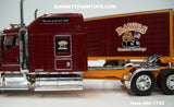 Item #60-1725 Dawes Contract Carriage Burgundy Orange Kenworth W900L 86-inch AeroCab Studio Sleeper with Matching Spread Axle Utility Ribbed Sided Thermo King Refrigerated Trailer - 1/64 Scale – DCP by First Gear