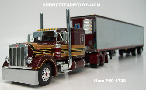 Item #60-1729 Burgundy Gold Stripe Black Outline Peterbilt 379 63-inch Flattop Sleeper with Chrome Ribbed Sided Burgundy Trim Black Frame Spread Axle Utility 53-foot Refrigerated Trailer with Thermo King Refrigerator - 1/64 Scale – DCP by First Gear