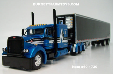 Item #60-1730 Blue Metallic Black Stripe White Stripe Peterbilt 379 63-inch Flattop Sleeper with Black Sided Silver Trim Silver Frame Spread Axle 53-foot Utility Refrigerated Trailer with Thermo King Refrigerator - 1/64 Scale – DCP by First Gear