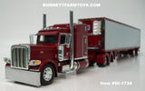 Item #60-1734 Burgundy Metallic Peterbilt 389 63-inch Mid Roof Sleeper with Chrome Ribbed Sided Burgundy Trim Spread Axle Utility Refrigerated Trailer with Thermo King Refrigerator - 1/64 Scale – DCP by First Gear