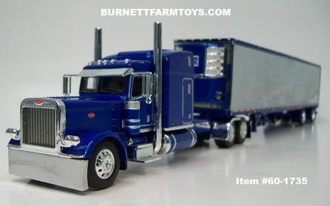 Item #60-1735 Blue Metallic Peterbilt 389 63-inch Mid Roof Sleeper with Chrome Ribbed Sided Blue Metallic Spread Axle Utility Refrigerated Trailer with Thermo King Refrigerator - 1/64 Scale – DCP by First Gear
