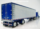 Item #60-1735 Blue Metallic Peterbilt 389 63-inch Mid Roof Sleeper with Chrome Ribbed Sided Blue Metallic Spread Axle Utility Refrigerated Trailer with Thermo King Refrigerator - 1/64 Scale – DCP by First Gear