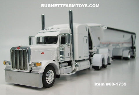 Item #60-1739 White Black Frame Peterbilt 389 63-inch Mid Roof Sleeper with White Sided Black Tarp White Frame Spread Axle MAC Round Dump Trailer - 1/64 Scale – DCP by First Gear