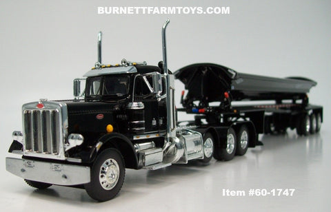 Item #60-1747 Black Tri-Axle Peterbilt 359 Day Cab with Headache Rack and Black Tri-Axle SmithCo Side Dump Trailer - 1/64 Scale – DCP by First Gear