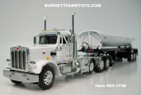 Item #60-1748 White Tri-Axle Peterbilt 359 Day Cab with Headache Rack and White Black Frame Tri-Axle SmithCo Side Dump Trailer - 1/64 Scale – DCP by First Gear
