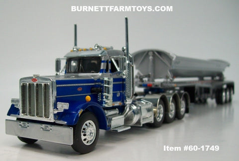 Item #60-1749 Blue Silver Metallic Tri-Axle Peterbilt 359 Day Cab with Headache Rack and Silver Metallic Tri-Axle SmithCo Side Dump Trailer - 1/64 Scale – DCP by First Gear