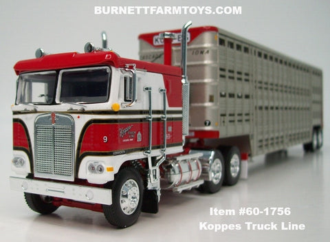 Item #60-1756 Koppes Truck Line Red White Black Stripe Gold Outline Kenworth K100 COE Flattop Sleeper with Silver Red Wilson 45-foot Vintage Livestock Trailer - 1/64 Scale – DCP by First Gear