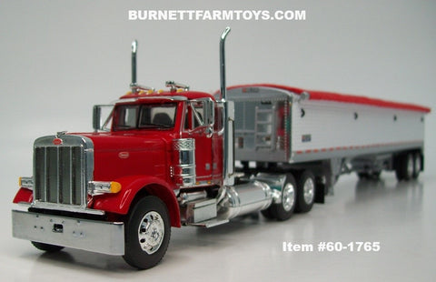 Item #60-1765 Red Peterbilt 379 Day Cab with White Sided Red Tarp Silver Frame Tandem Axle Wilson Pacesetter 43-foot Hopper Bottom Grain Trailer - 1/64 Scale - DCP by First Gear
