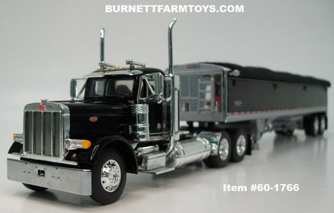 Item #60-1766 Black Peterbilt 379 Day Cab with Black Sided Black Tarp Black Frame Tandem Axle Wilson Pacesetter 43-foot Hopper Bottom Grain Trailer - 1/64 Scale - DCP by First Gear