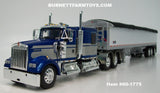 Item #60-1775 Blue Metallic Silver Kenworth W900L 60-inch Flattop Sleeper with White Sided Black Tarp Silver Frame Tri-Axle Wilson 50-foot Pacesetter Hopper Bottom Grain Trailer - 1/64 Scale – DCP by First Gear