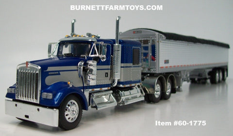 Item #60-1775 Blue Metallic Silver Kenworth W900L 60-inch Flattop Sleeper with White Sided Black Tarp Silver Frame Tri-Axle Wilson 50-foot Pacesetter Hopper Bottom Grain Trailer - 1/64 Scale – DCP by First Gear