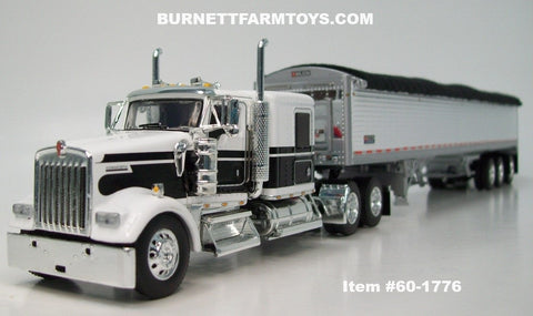 Item #60-1776 White Black Kenworth W900L 60-inch Flattop Sleeper with White Sided Black Tarp Silver Frame Tri-Axle 50-foot Wilson Pacesetter Hopper Bottom Grain Trailer - 1/64 Scale – DCP by First Gear