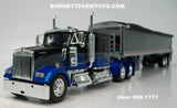 Item #60-1777 Black Blue Metallic Gun Metal Gray Kenworth W900L 60-inch Flattop Sleeper with Gun Metal Gray Sided Black Tarp Silver Frame Tri-Axle 50-foot Wilson Patriot Belt Trailer - 1/64 Scale – DCP by First Gear