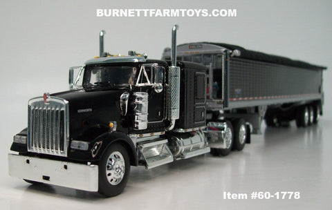 Item #60-1778 Black Kenworth W900L 60-inch Flattop Sleeper with Black Sided Black Tarp Silver Frame Tri-Axle 50-foot Wilson Patriot Belt Trailer - 1/64 Scale – DCP by First Gear