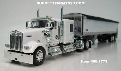 Item #60-1779 White Kenworth W900L 60-inch Flattop Sleeper with White Sided Black Tarp Silver Frame Tri-Axle 50-foot Wilson Patriot Belt Trailer - 1/64 Scale – DCP by First Gear