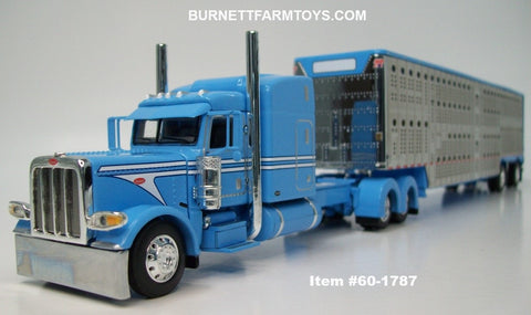 Item #60-1787 Baby Blue White Stripe Black Outline Long Frame Peterbilt 389 63-inch Mid Roof Sleeper with Silver Sided Baby Blue Trim Spread Axle Wilson Silver Star Livestock Trailer - 1/64 Scale - DCP by First Gear