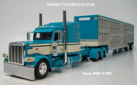 Item #60-1788 Turquoise Cream Black Outline Long Frame Peterbilt 389 63-inch Mid Roof Sleeper with Silver Sided Turquoise Trim Spread Axle Wilson Silver Star Livestock Trailer - 1/64 Scale – DCP by First Gear