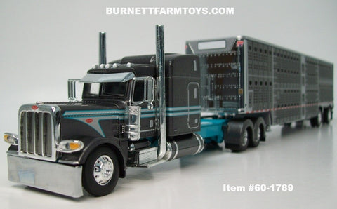 Item #60-1789 Gun Metal Gray Silver Stripe Turquoise Outline Long Frame Peterbilt 389 63-inch Mid Roof Sleeper with Gun Metal Gray Sided Silver Trim Spread Axle Wilson Silver Star Livestock Trailer - 1/64 Scale – DCP by First Gear