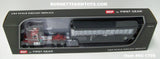 Item #60-1799 Dark Red Black Stripe Silver Stripe Ford LTL 9000 Day Cab with Chrome Black Tarp Silver Frame Tandem Axle EAST End Dump Trailer - 1/64 Scale – DCP by First Gear