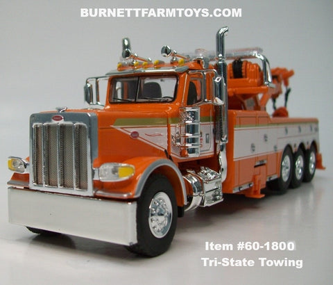 Item #60-1800 Tri-State Towing Orange White Gold Red Outline Peterbilt 389 Day Cab with Tri-Axle Century 1150 Rotator Wrecker - 1/64 Scale – DCP by First Gear