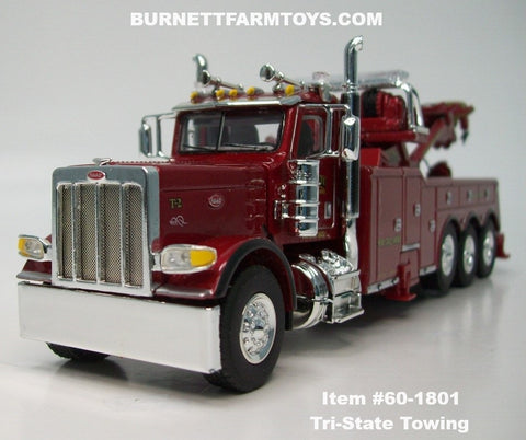 Item #60-1801 Tri-State Towing Burgundy Peterbilt 389 Day Cab with Tri-Axle Century 1150 Rotator Wrecker - 1/64 Scale – DCP by First Gear
