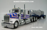 Item #60-1802 White Blue Red Outline Tri-Axle Kenworth W900L 60-inch Flattop Sleeper with Silver Blue Tandem Axle Polar Deep Drop Tank Trailer - 1/64 Scale – DCP by First Gear