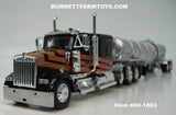 Item #60-1803 Black Gold Red Outline Tri-Axle Kenworth W900L 60-inch Flattop Sleeper with Silver Tandem Axle Polar Deep Drop Tank Trailer - 1/64 Scale – DCP by First Gear