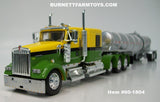 Item #60-1804 Yellow Green Black Stripe Tri-Axle Kenworth W900L 60-inch Flattop Sleeper with Silver Tandem Axle Polar Deep Drop Tank Trailer - 1/64 Scale – DCP by First Gear